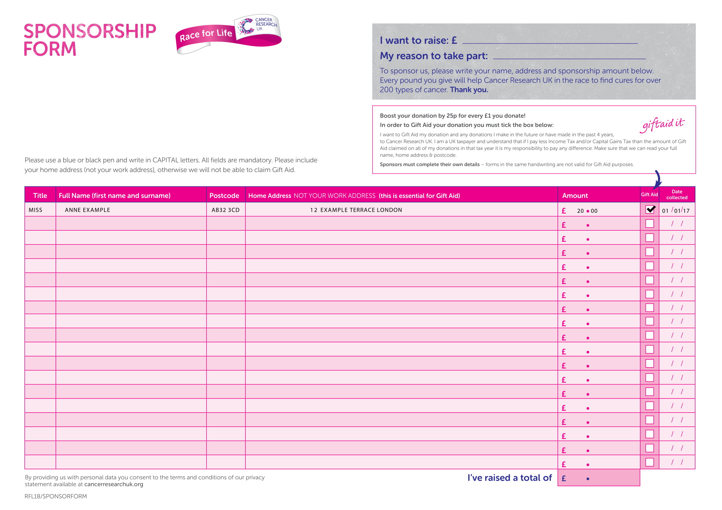 Return Your Sponsorship Race For Life Cancer Research UK